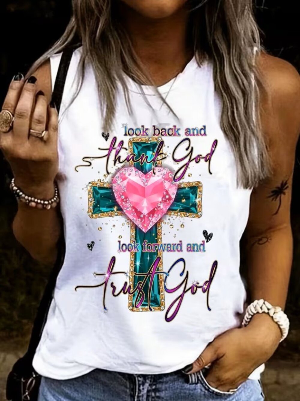 Cross Pink Heart-Shaped Gemstone Tank Top